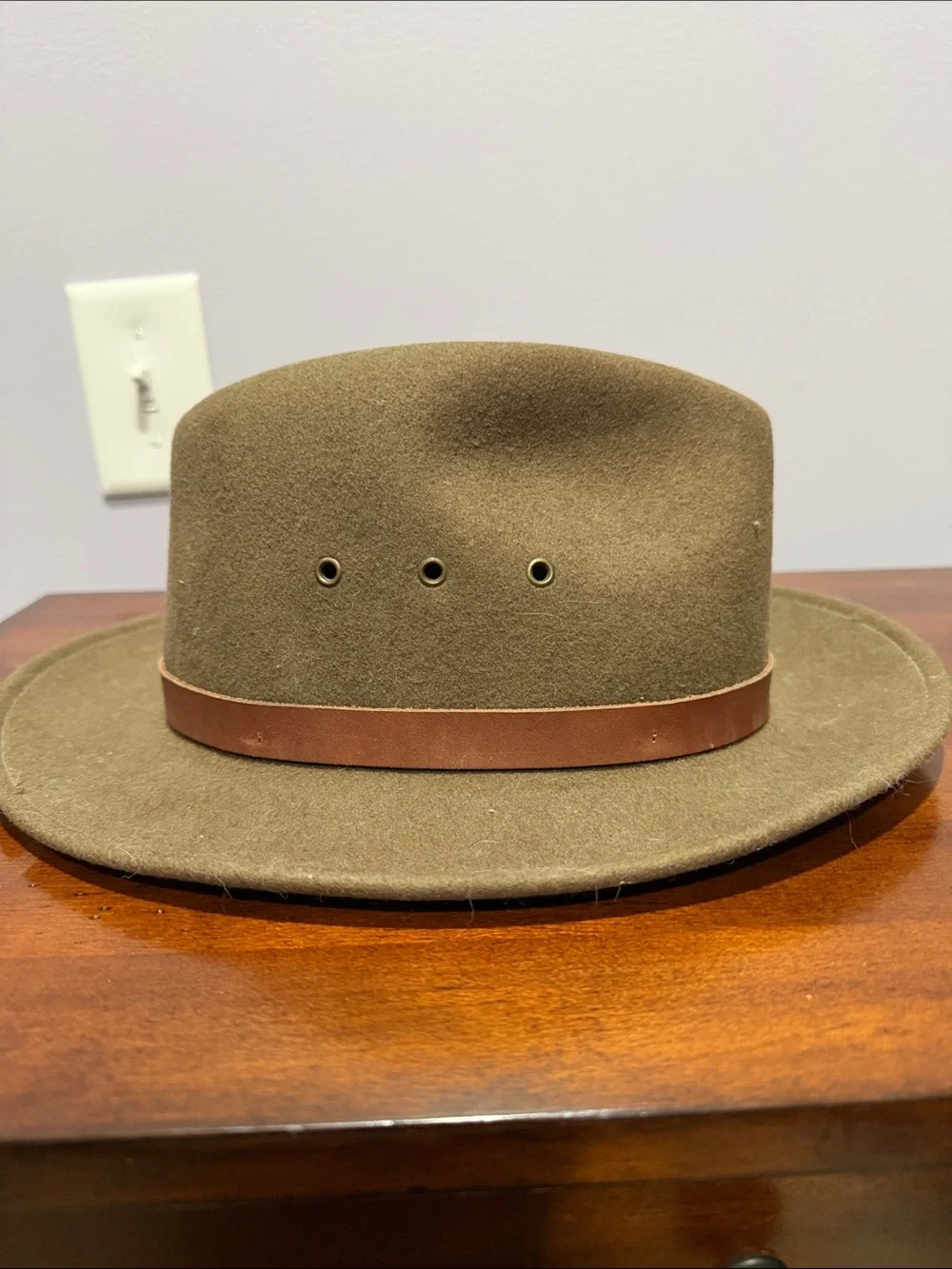 Vintage Olive Wool Felt Fedora with Brown Leather Band